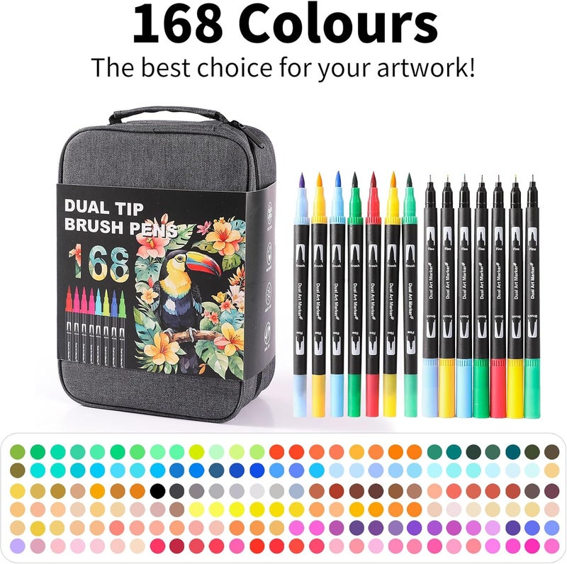 TOSHARE Dual Tip Markers, Brush Art Markers Set with Fine Tip and Brush Tip for Adult Coloring Book, Hand Lettering, Calligraphy & Drawing, Professional Art Supplies Kit for Adults (168 Colors) - Image 2